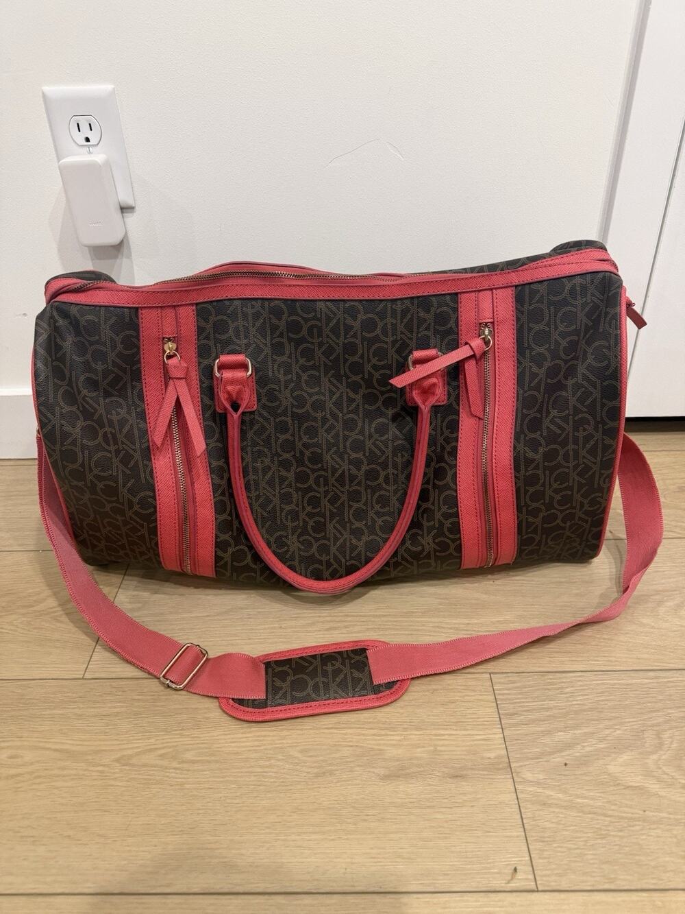 Calvin Klein Travel Weekender Duffle Bag All Over Logo Pink & Beige Large